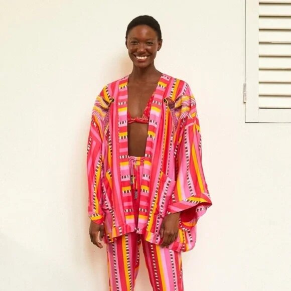 Farm Rio Lucy Parrot Stripe Tie Waist Embroidered Birds Cover Up Kimono Jacket - Picture 2 of 16